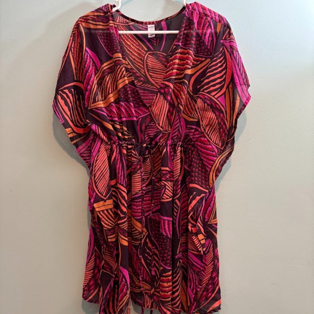 Sheer pink purple orange leaves swim cover up size large